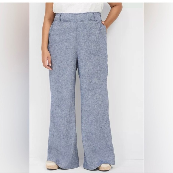 Lane Bryant Pull-On Chambray Linen Straight Leg Pant Blue Plus Size 24 Flowy NWT - Picture 2 of 14